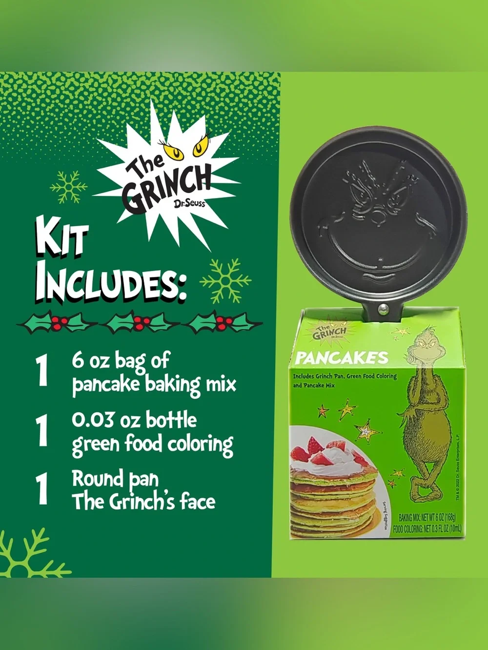 The Grinch Holiday round pancake pan with pancake mix and .03 oz & coloring new